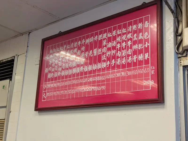 The menu at Entrance of Yongkang Beef Noodles