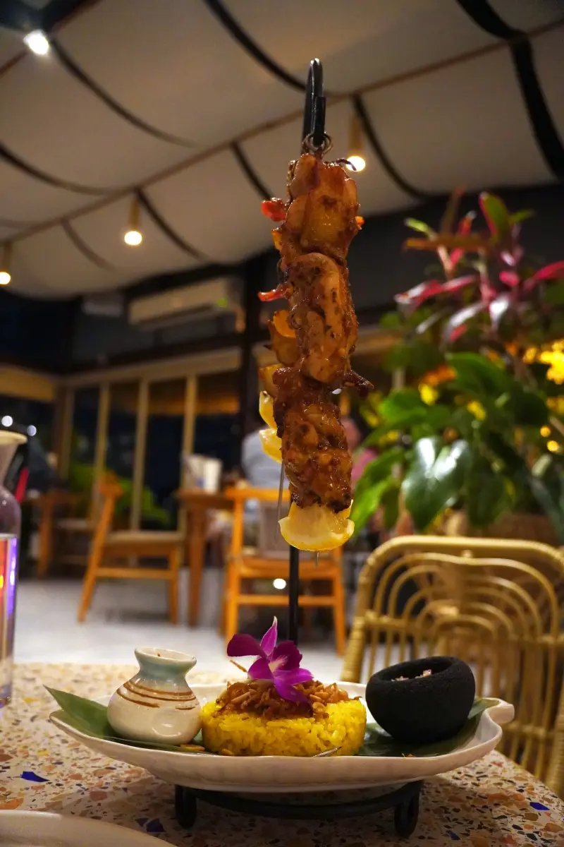 Chicken skewers and rice at Waterfront
