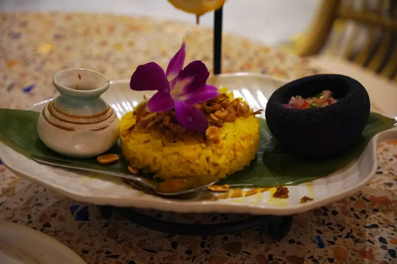 Rice, salsa, and barbeque sauce at Waterfront