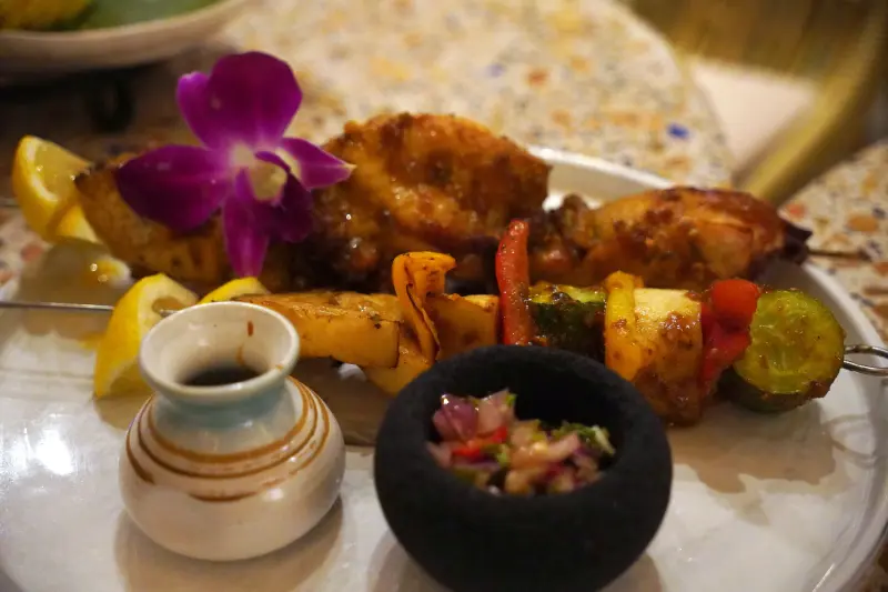 Skewers on a plate at Waterfront